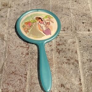 Vintage Hand Mirror Blue Plastic Paris Girl Illustration